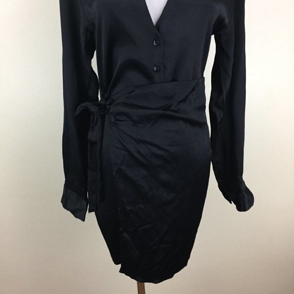 NWT ZARA Long Sleeve Black Satin Button Collared Flap Tie Overlay Front Dress - Picture 11 of 14